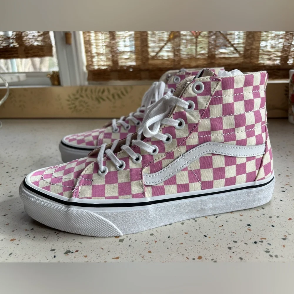 Vans Pink & Cream Checkerboard High Top Sneakers - Picture 12 of 15